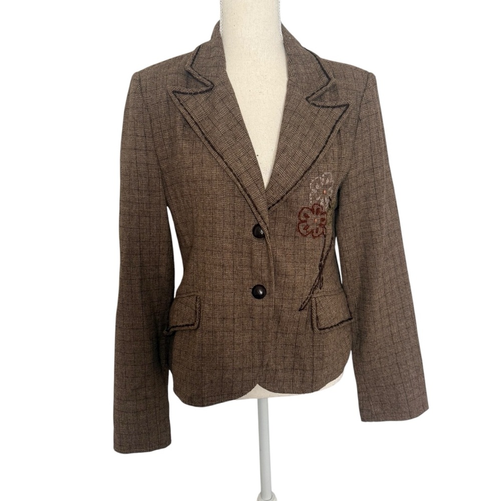 Bluenotes Brown Plaid Wool Blend Embroidered Floral Blazer Jacket 57W098